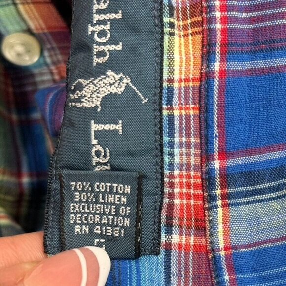 POLO RALPH LAUREN Men's S Classic Fit Madras Plaid Button Up Shirt Linen Blend - Picture 5 of 8